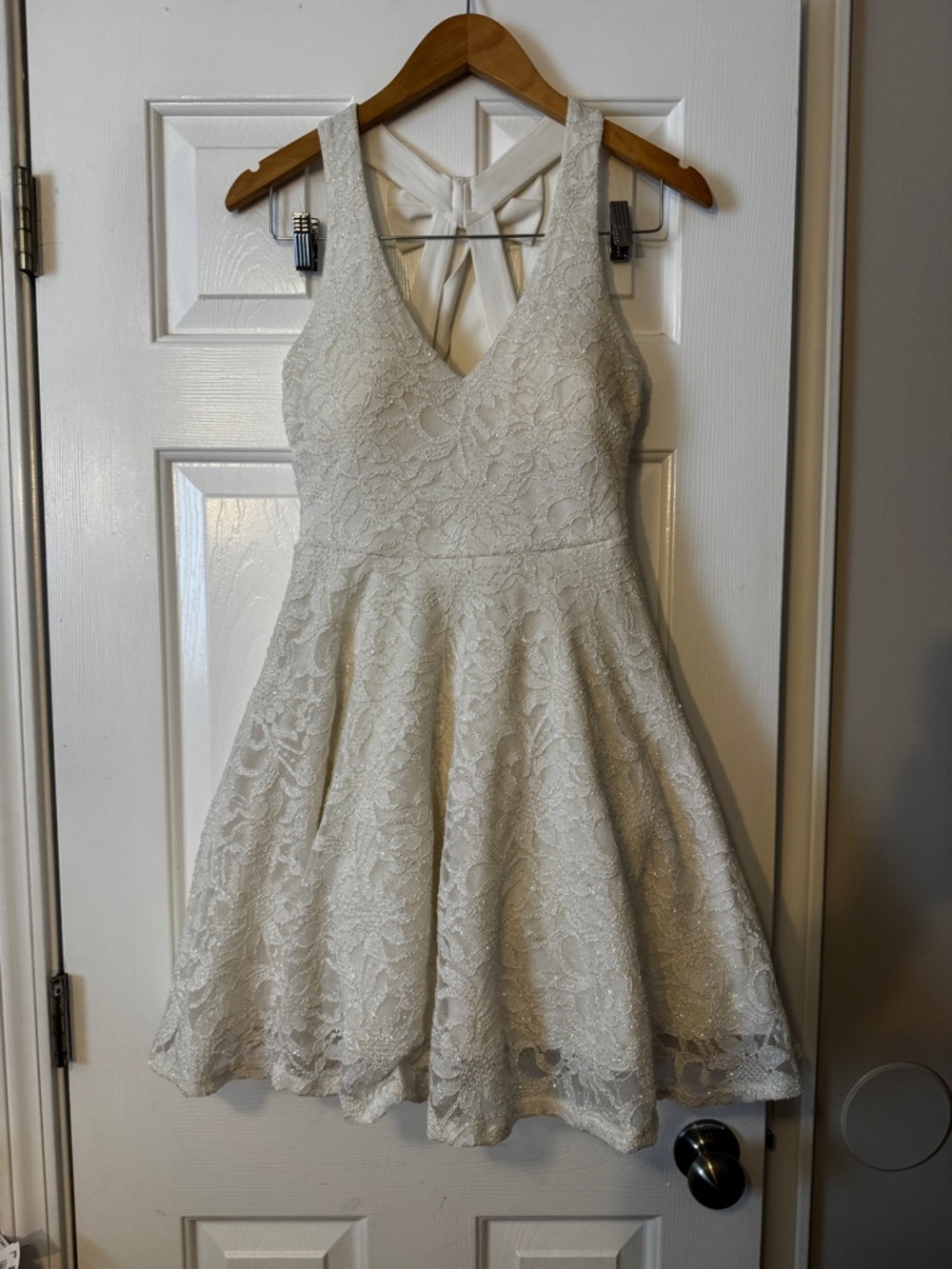 City Vibe White Glittery Mini Fit & Flare Dress with Bow Bridal Size 5
